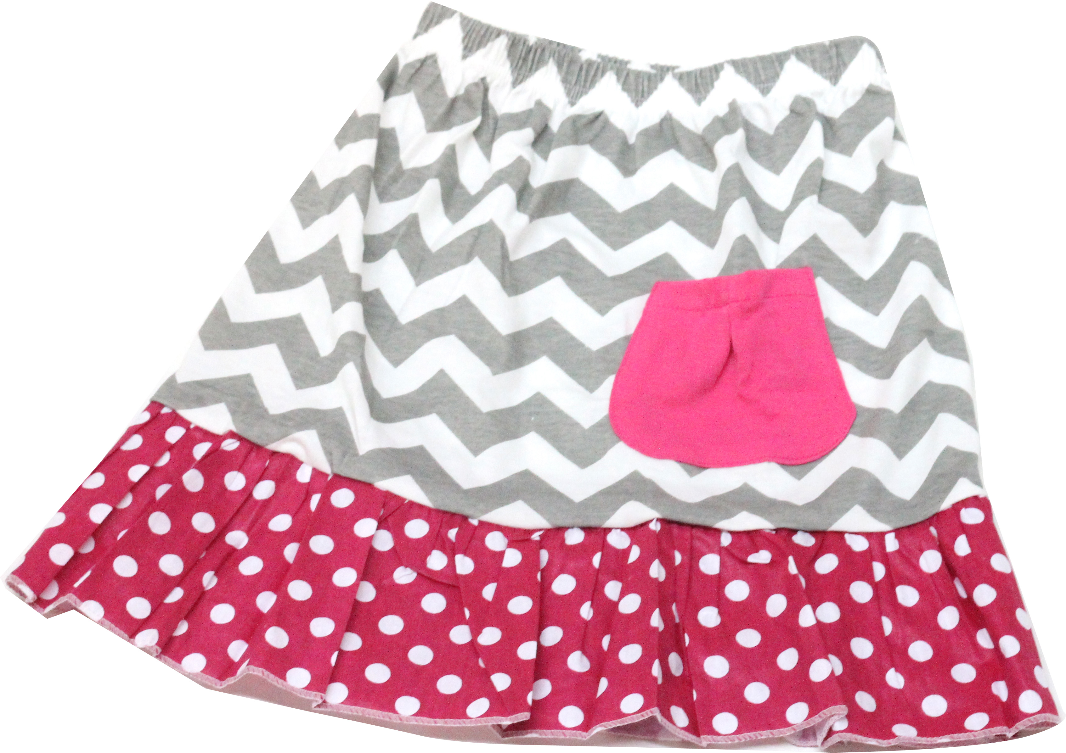 Grey Chevron Hot Pink Polka Dot Ruffle Skirt w/ Pocket